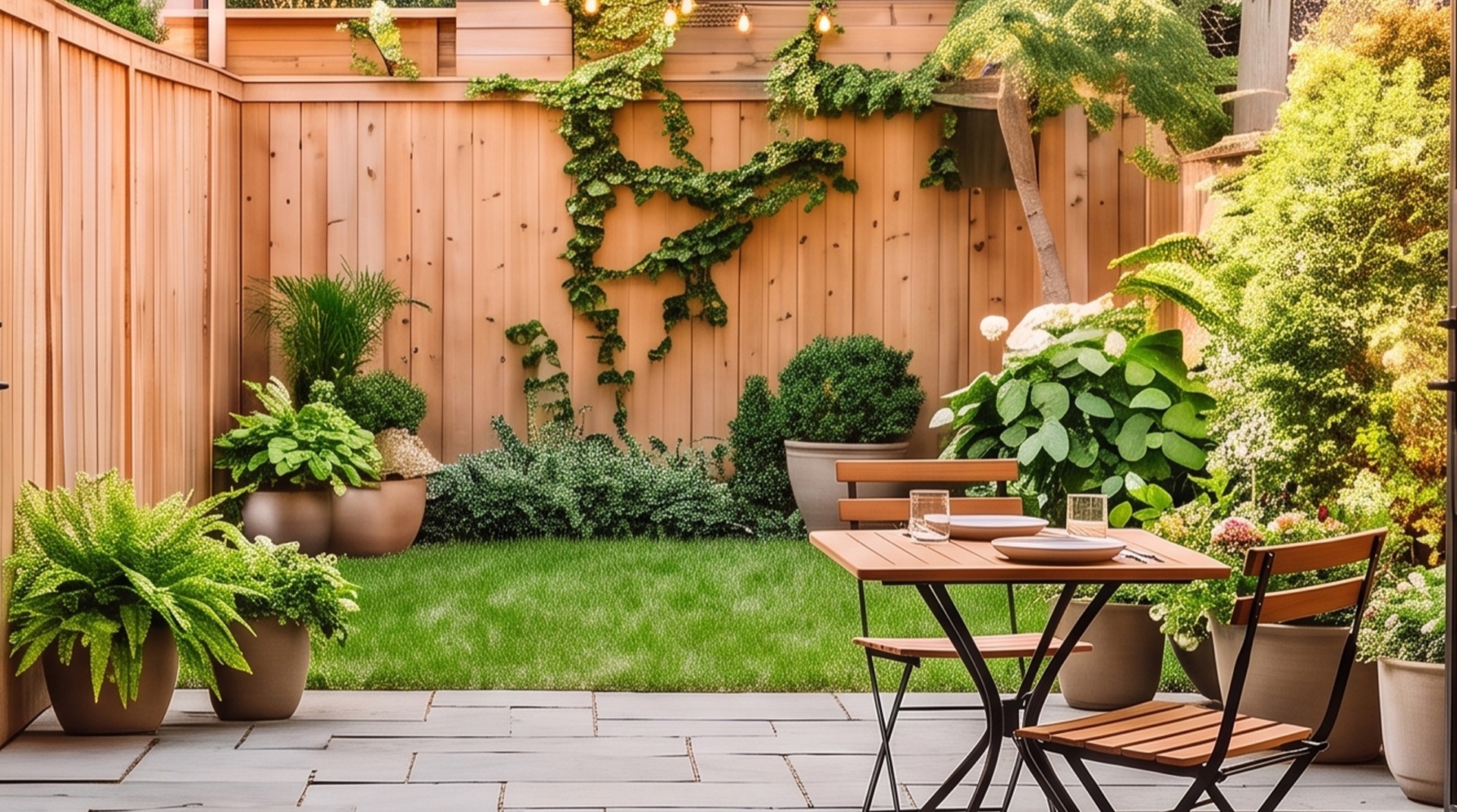 The finished backyard patio behind the rowhouse