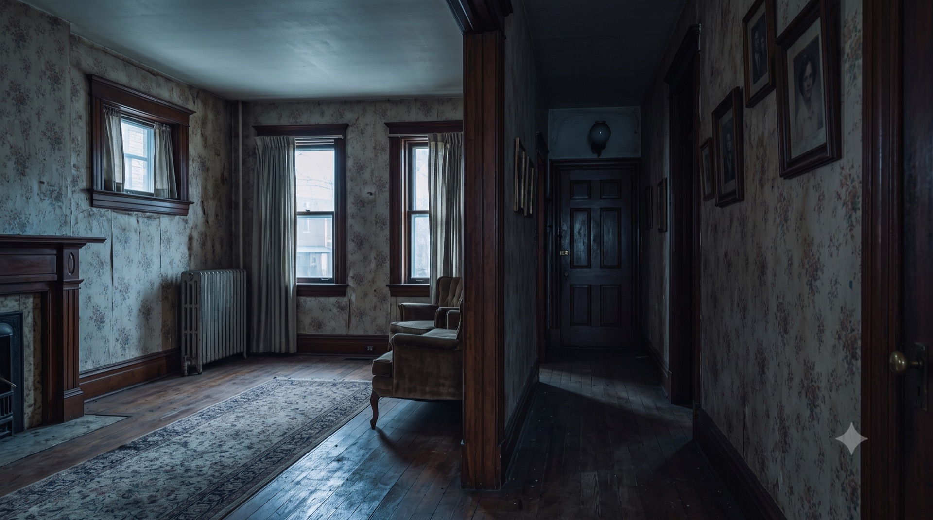 The Hartwell first floor today, the dark front room and center hall
